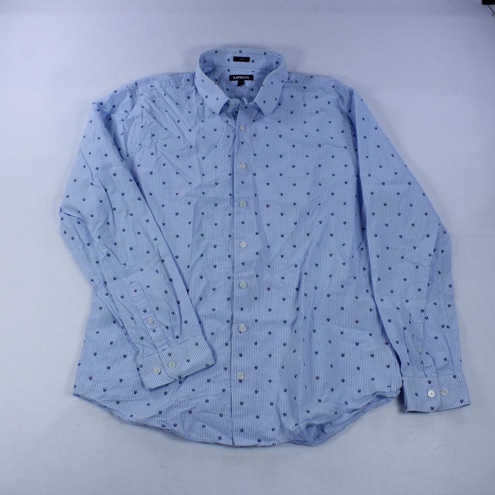 Express Men's Slim Fit Blue Striped‎ Shirt with Floral Print - Size L (16-16.5)